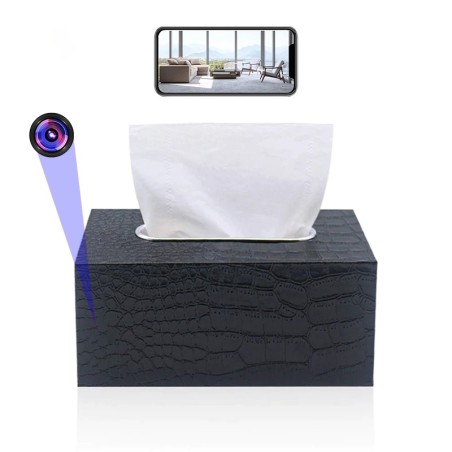 Mini‑caméra intégrée dans boîte à mouchoirs